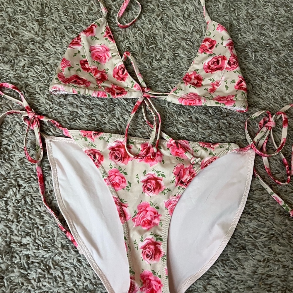LoveShackFancy Pink and White Floral Bikini